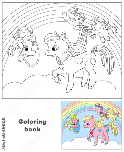 Little Pegasuses comb the pony's mane. Cute pony on cloud. Cartoon book vector illustration. Coloring book for children.
