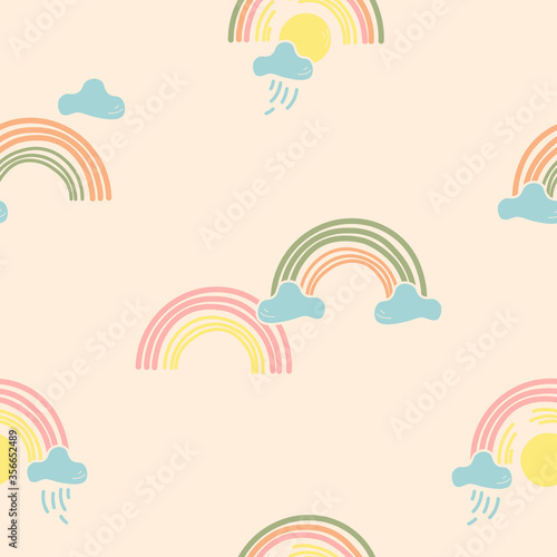 Abstract seamless childish pattern with freehand rainbows, suns and clouds. Creative hand drawn kids texture for fabric, wrapping, textile, wallpaper and apparel design idea. Vector illustration