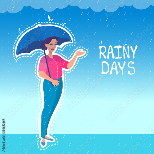 A woman forecaster standing under the rain, holding an umbrella, showing something by a hand. Rainy weather forecast. A girl presenter.
