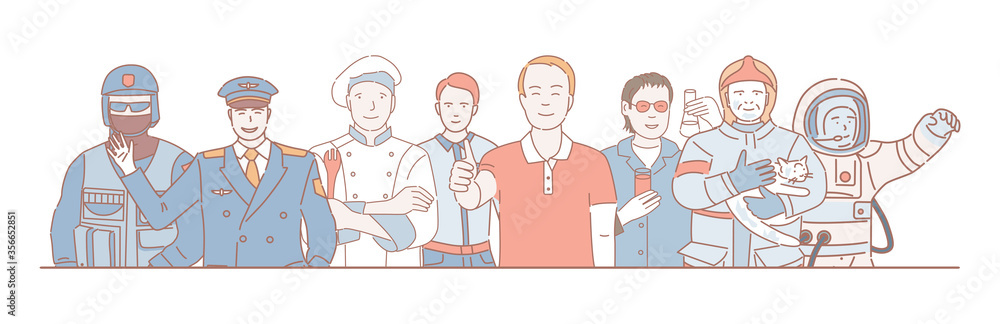 Labor Day vector cartoon outline concept. Police officer, pilot, cook, office worker, chemist, lifeguard, and astronaut. Labor Day vector cartoon outline concept. Police officer, pilot, cook, office worker, chemist, lifeguard, and astronaut.