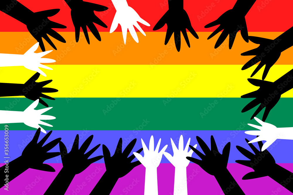 Concept of lgbt pride. Multicultural hands united under the rainbow flag of LGBT lesbians, gays, bisexuals and transgender people. Concept of lgbt pride. Multicultural hands united under the rainbow flag of LGBT lesbians, gays, bisexuals and transgender people.