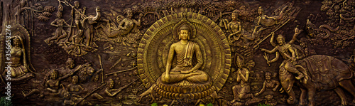 Stampa su tela buddha ornament on the wall at vihara dharma shanti tanjung uban