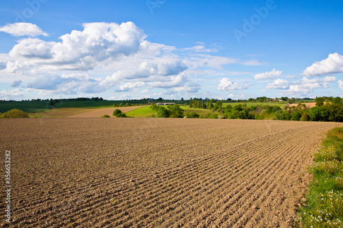 Paysage agricole en campagne, champ labouré au printemps en France.