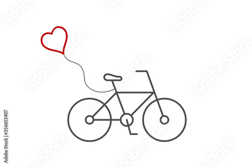 Bicycle with red heart shaped balloon. Line icon. Valentine's day card idea. Cute bike with flying heart. T-shirt design. Love, wedding or romantic date concept. Vector illustration, flat, clip art. 