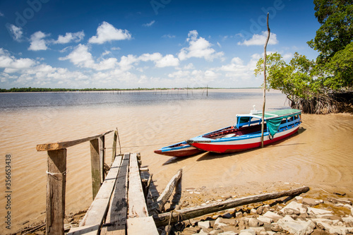 Traditional colorful boats on the Suriname river