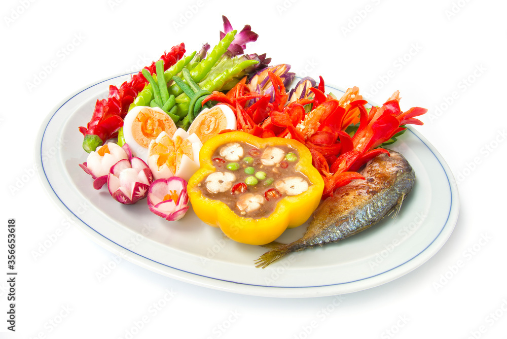 Thai spicy shrimp paste chili dipping sauce with grill mackerel fish Thai spicy shrimp paste chili dipping sauce with grill mackerel fish