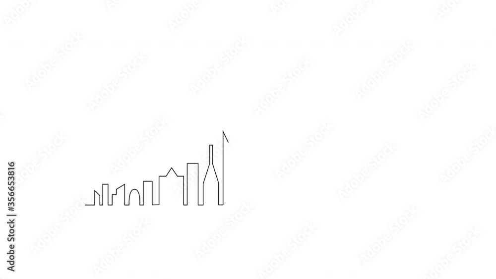 Self drawing animation of cityscape, city outline, urban landscape. Copy space. White background.