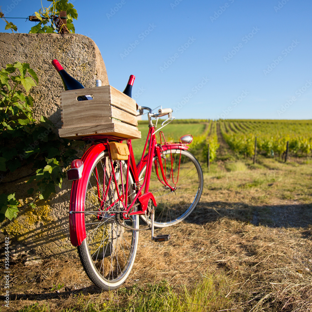 Caisse de vin dans les vignes sur un vieux vélo rouge en Anjou