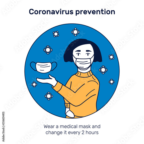 Girl in face medical mask shows another mask. Coronavirus prevention tips illustration. Changing mask, health care and self protection concept. Flat style isolated vector in trendy colors