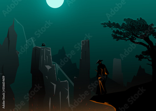 Warrior on the hilltop, Samurai on the mountain at night, Moon in dark sky, Vector design.