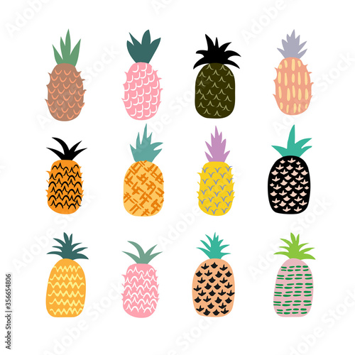  Vector set of hand drawn cute pineapples