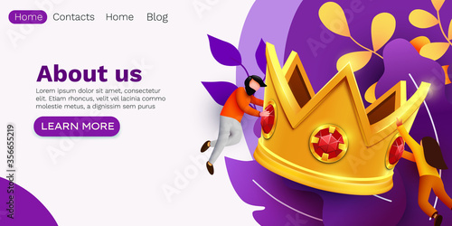 Small people flying around big golden crown. Victory, triumph or achievement concept. Best deal or reward sign.