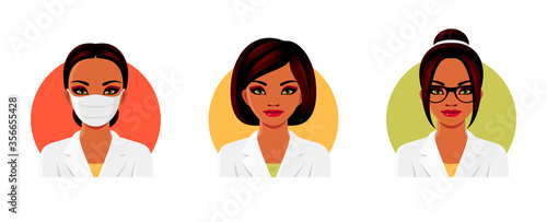 Indian woman doctor in white medical uniform with various hairstyles, glasses and face mask. Nurse avatars set. Vector illustration