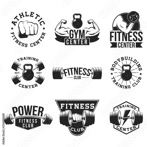 Retro gym flat emblem set. Aggressive hot design for sport club posters, logos, icons and stamps vector illustration collection. Bodybuilding and workout concept