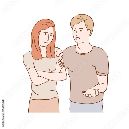 Couple relationship problem. Young man trying to comfort his depressed girlfriend.Vector