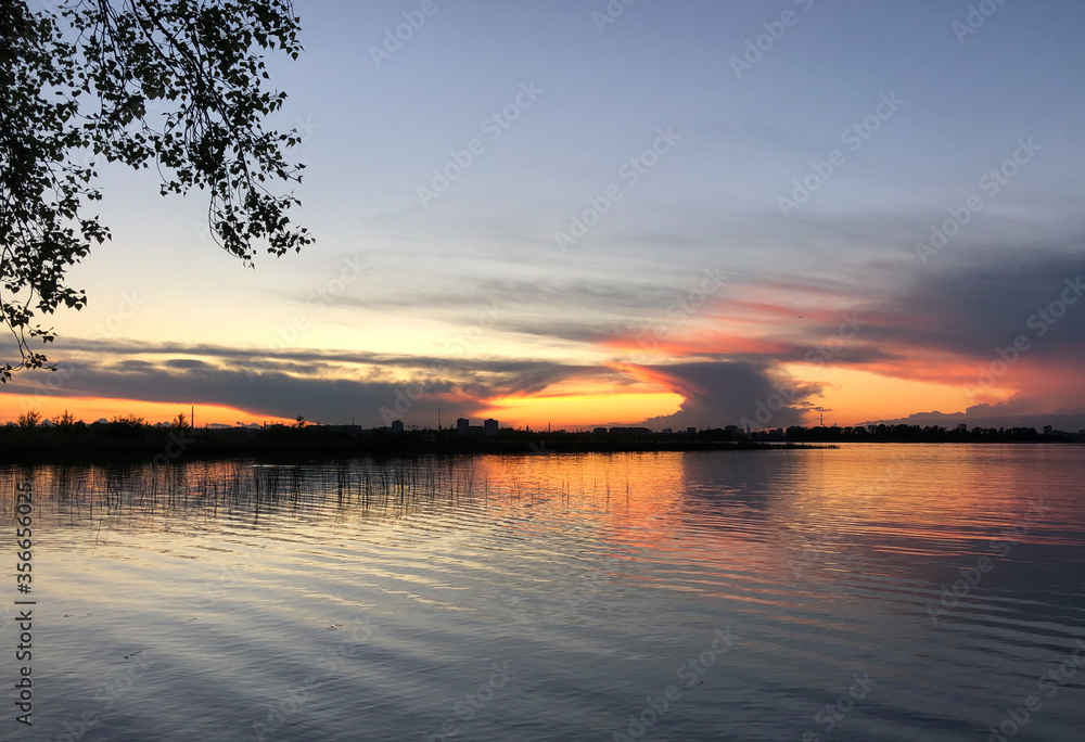 Beautiful sunset above Volga river in Kazan, Russia