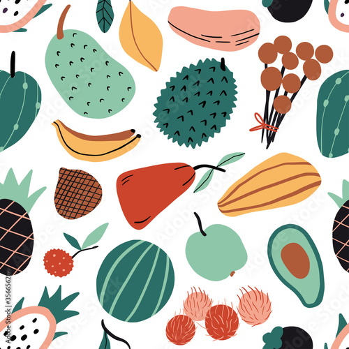 Hand drawn colorful doodle exotic tropic fruits seamless pattern