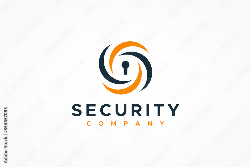 Protection Security Logo. Blue Yellow Twisted Circular Waves with Keyhole Icon inside isolated on White Background. Flat Vector Logo Design Template Element.