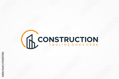 Construction Logo. Geometric Linear Style Initial Letter C with Building Symbol Combination isolated on White Background. Flat Vector Logo Design Template Element.
