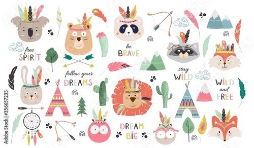 Big set with cute tribal animals faces
