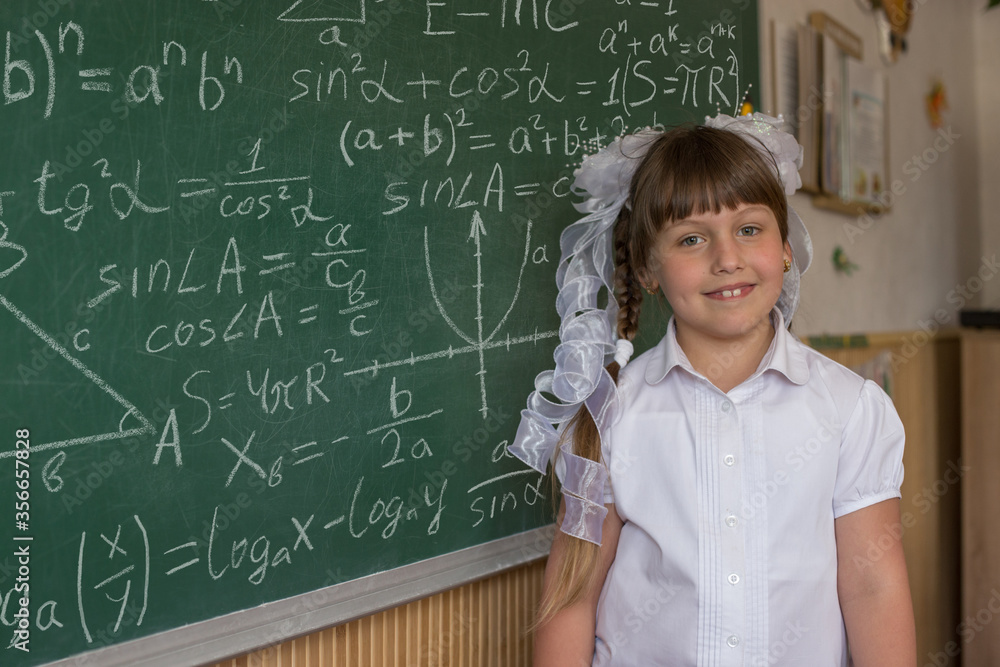 A girl in a white blouse near the school board writes mathematical formulas. Knowledge Day, back to school, concept. A girl in a white blouse near the school board writes mathematical formulas. Knowledge Day, back to school, concept.