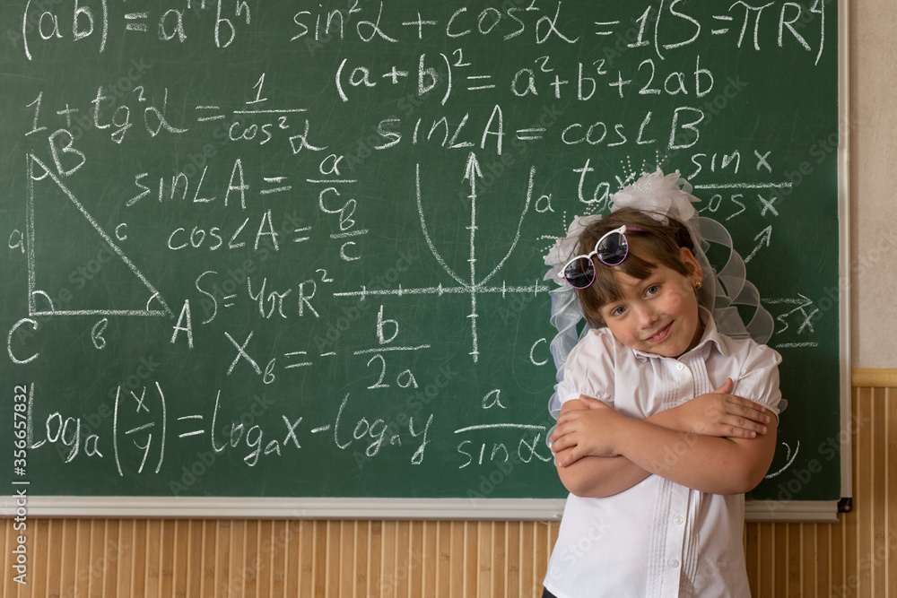 A girl in a white blouse near the school board writes mathematical formulas. Knowledge Day, back to school, concept.