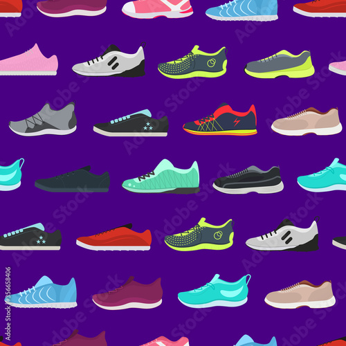 Cartoon Color Different Sneakers Shoes Seamless Pattern Background. Vector