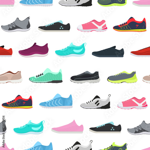 Cartoon Color Different Sneakers Shoes Seamless Pattern Background. Vector