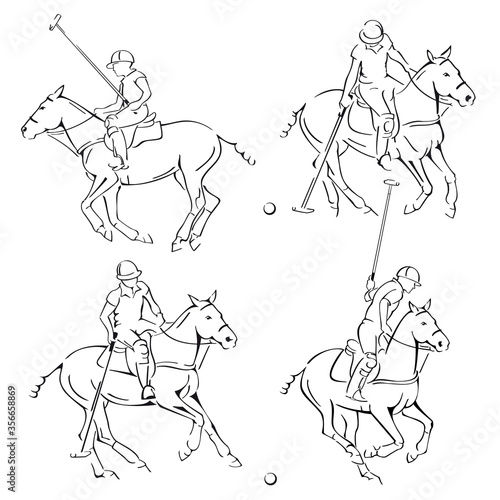 Polo Player Sports Horse and Rider Line Art Set Isolated on White