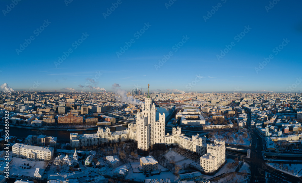 An aerial view of the Kotelnicheskaya Embankment Building. Moscow, Russia, March 02, 2019