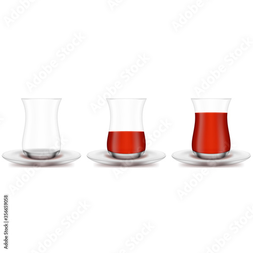 Realistic 3d Detailed Turkish Tea Cup Empty and Full. Vector