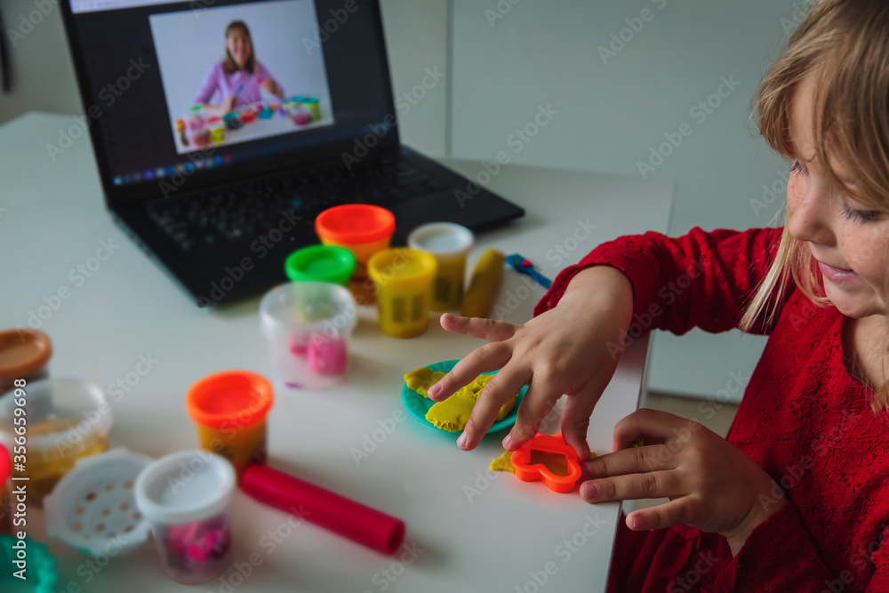 Child play with clay molding shapes during online lesson Child play with clay molding shapes during online lesson