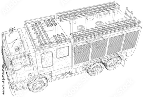Vector Wire-frame Fire truck. The layers of visible and invisible lines are separated. EPS10 format. Vector created of 3d.