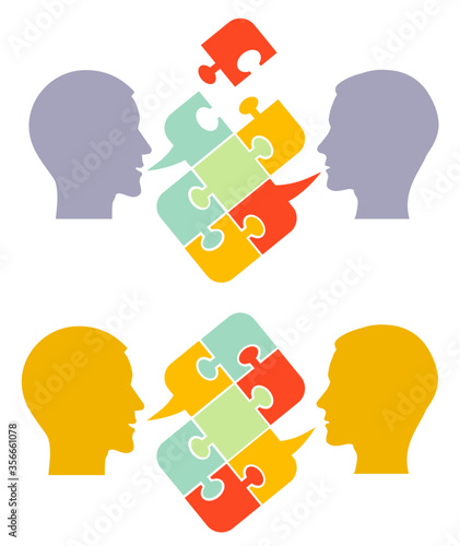 Men,psychology of understanding and dialog. 
Two Male stylized head silhouettes with puzzle speech bubble symbolizing psychological processes of dialogs. Vector available