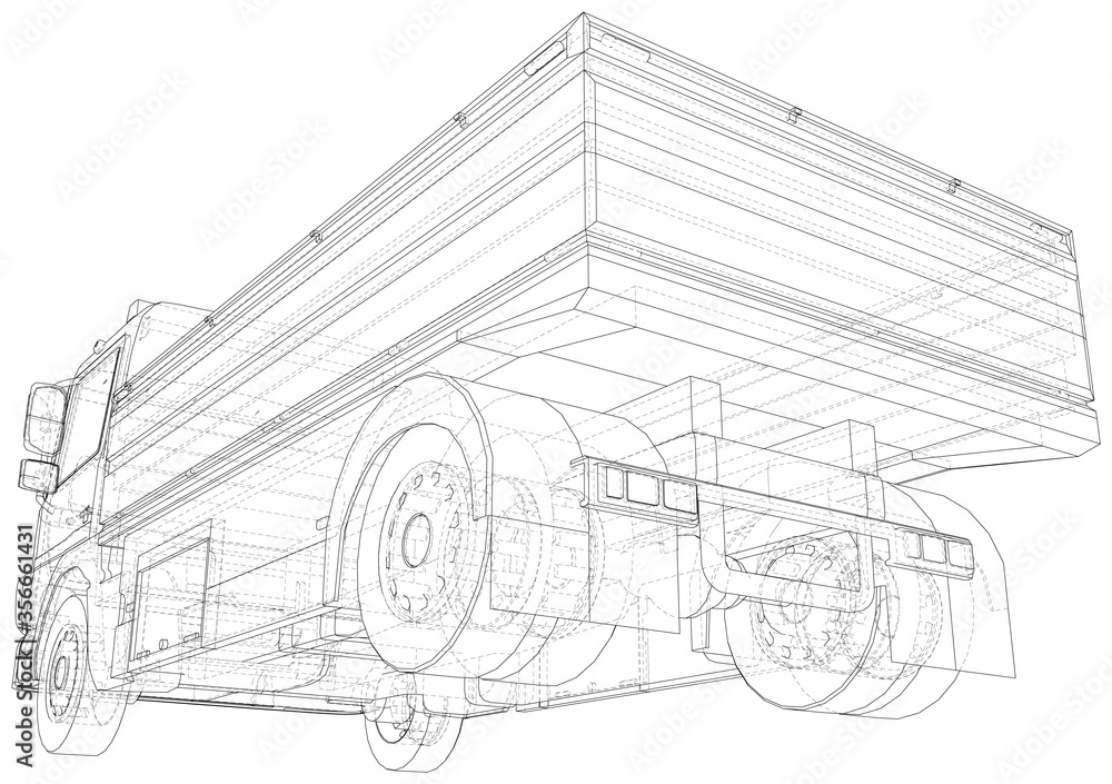 Flatbed truck illustration vector. Wire-frame line isolated. Vector rendering of 3d.