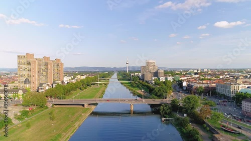Drone Flight above Rhein River in a Popular City / Mannheim, Germany 
