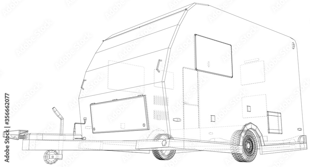 Camper Trailer. Van Caravan Vector illustration. Wire-frame line isolated. Vector rendering of 3d.