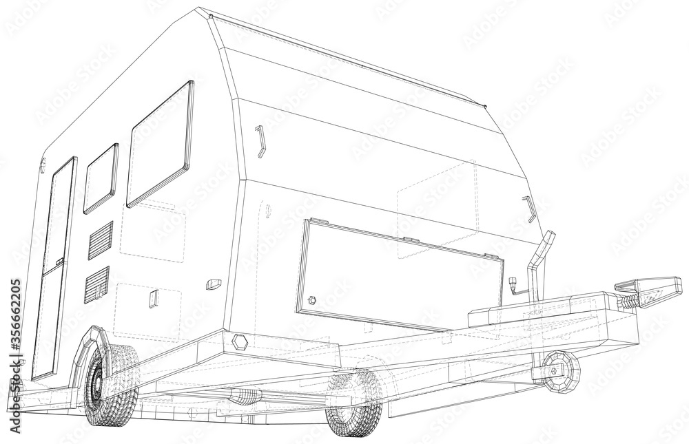 Camper Trailer Isolated. 3D rendering. Wire-frame. The layers of visible and invisible lines are separated. EPS10 format. Camper Trailer Isolated. 3D rendering. Wire-frame. The layers of visible and invisible lines are separated. EPS10 format.