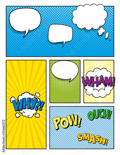 comic empty speech bubbles set on colorful background.