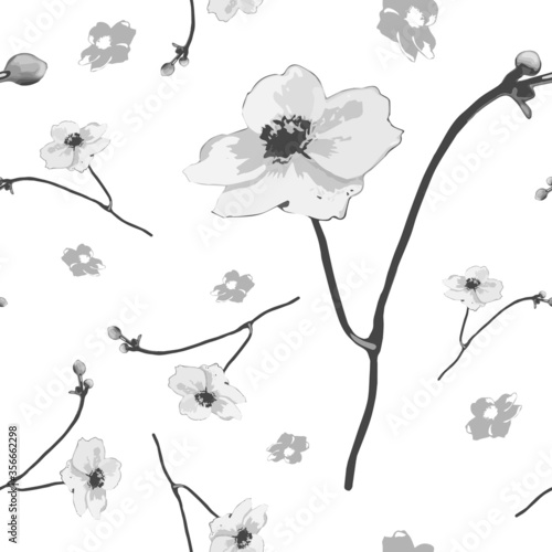 Fototapeta Naklejka Na Ścianę i Meble -  Seamless repeat floral grey flower pattern on white background  Tile, wallpaper, fabric, surface pattern
