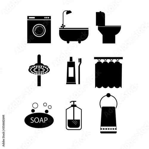 Bathroom icon set. Bath, toilet, washing machine sign. eps ten