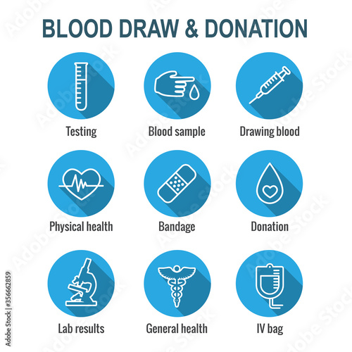 Blood testing and work icon set with syringe, donation, & blood sample ideas