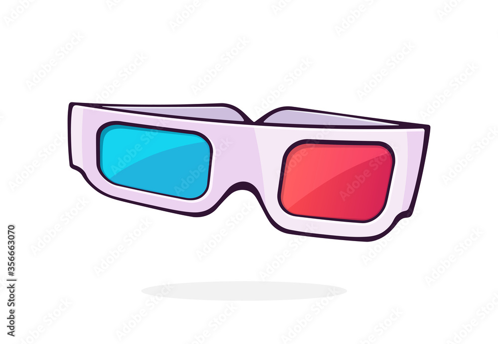 Paper 3d glasses front view. Stereo retro glasses for three-dimensional cinema. Symbol of the film industry. Cartoon vector illustration with outline. Clip art Isolated on white background Paper 3d glasses front view. Stereo retro glasses for three-dimensional cinema. Symbol of the film industry. Cartoon vector illustration with outline. Clip art Isolated on white background