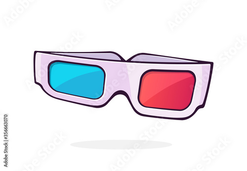 Paper 3d glasses front view. Stereo retro glasses for three-dimensional cinema. Symbol of the film industry. Cartoon vector illustration with outline. Clip art Isolated on white background