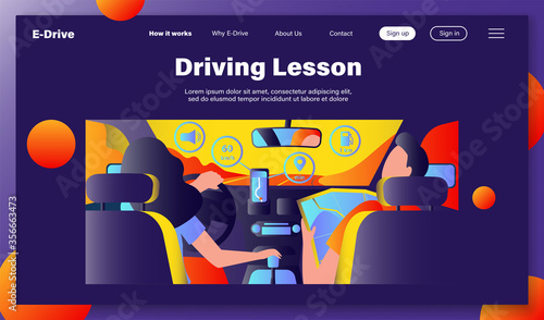 Driver and passenger navigating on road within map and mobile app. Back view of people inside car interior. Vector illustration for navigation, driving, travel, transportation concept