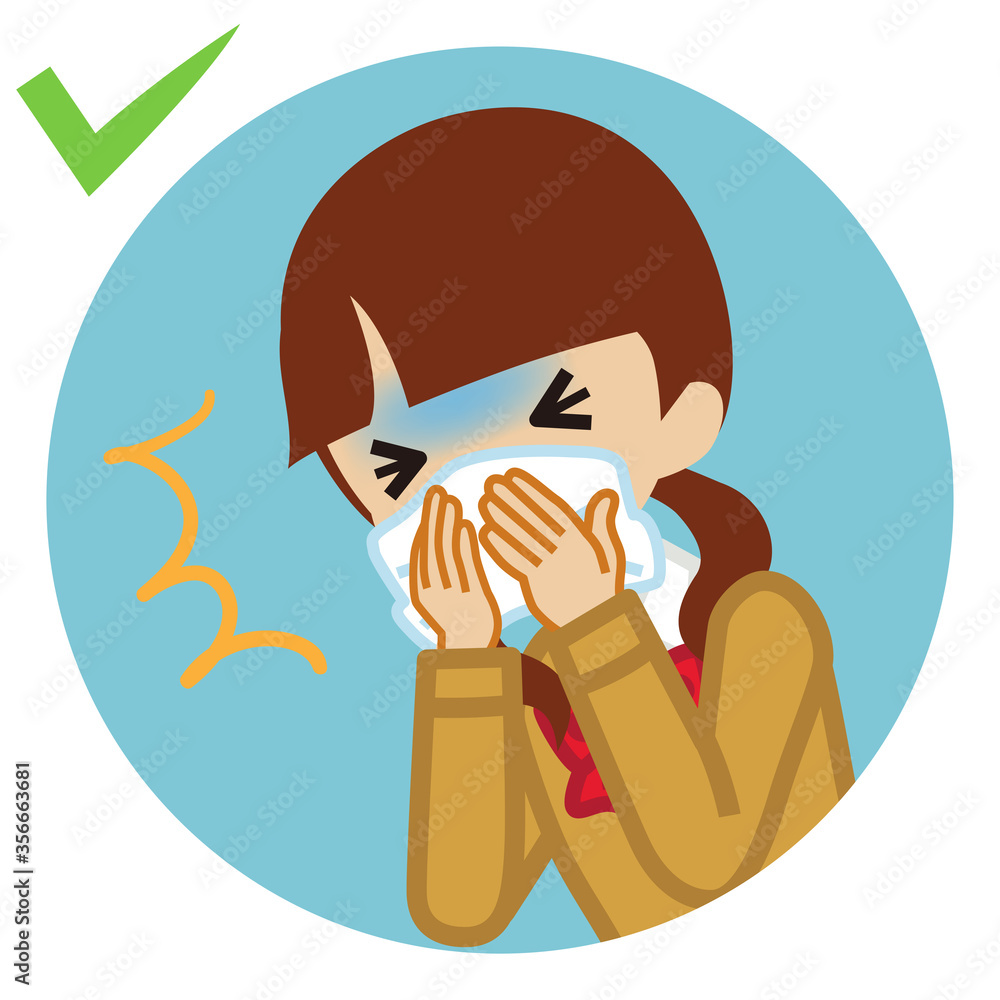 Coughing female student covered mouth by a handkerchief - circular icon, cartoon style Coughing female student covered mouth by a handkerchief - circular icon, cartoon style