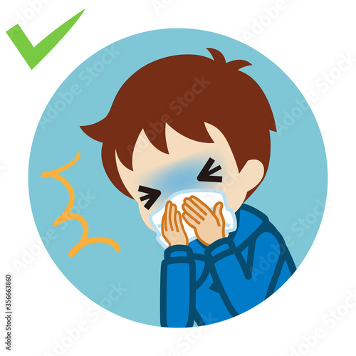 Coughing toddler boy covered mouth by a handkerchief - circular icon, cartoon style