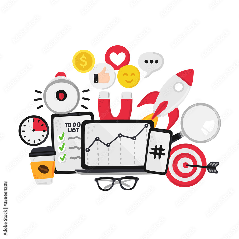 Vector smm elements. Social Media Marketing. Reach and promotion among target audience. Concept is for banner, advertising, mailing list, website, training presentation for marketers, posts, poster Vector smm elements. Social Media Marketing. Reach and promotion among target audience. Concept is for banner, advertising, mailing list, website, training presentation for marketers, posts, poster