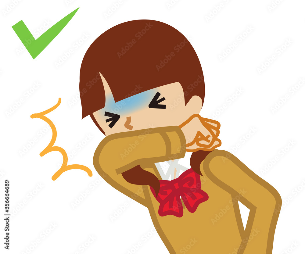 Coughing female student covered mouth by arm -waist up, cartoon style Coughing female student covered mouth by arm -waist up, cartoon style