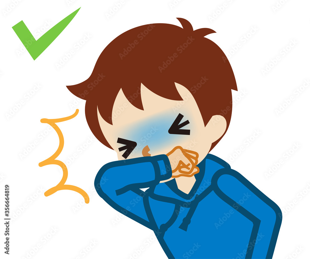 Coughing toddler boy covered mouth by arm - waist up , cartoon style Coughing toddler boy covered mouth by arm - waist up , cartoon style